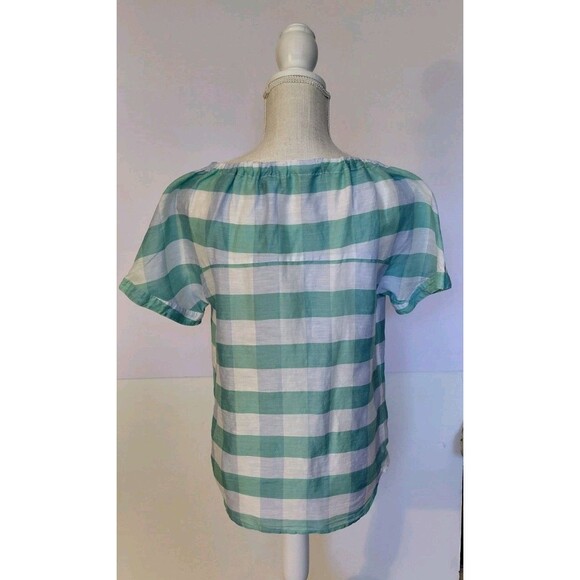 Nordstrom Signature Size S Linen Blend Green Checkered Blouse w/Ribbon Tie - Picture 3 of 9